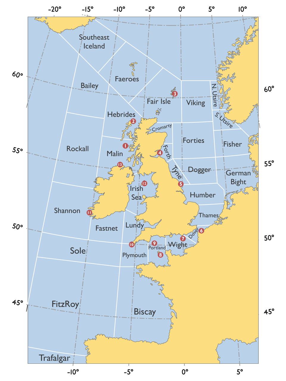 map of UK/Ireland shipping forecast zones